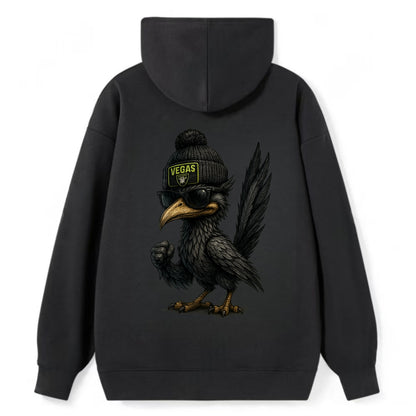 Vegas Roadrunner wearing Raiders beanie with neon patch and wayfarer - Classic Pullover Hoodie - Black