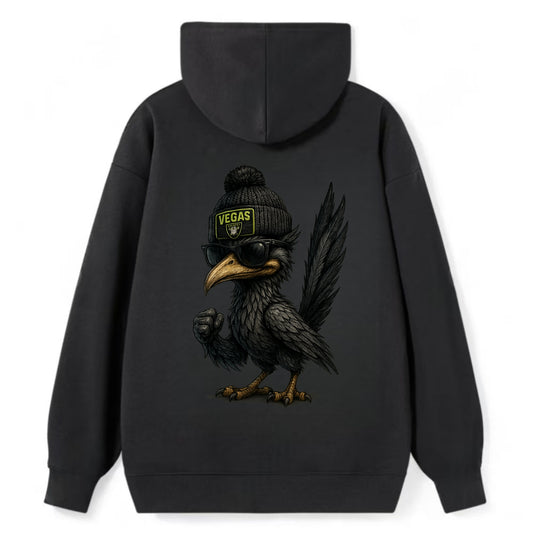 Vegas Roadrunner wearing Raiders beanie with neon patch and wayfarer - Classic Pullover Hoodie - Black