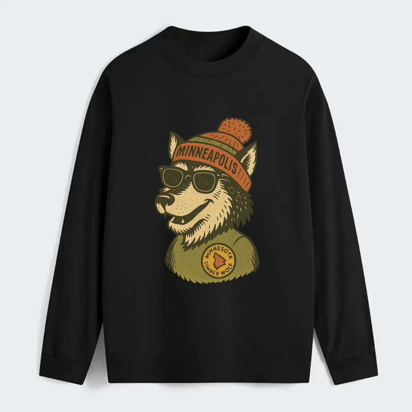 Minnesota Timber Wolf wearing Minneapolis beanie with pom pom and - Classic Long Sleeve Shirt - Black
