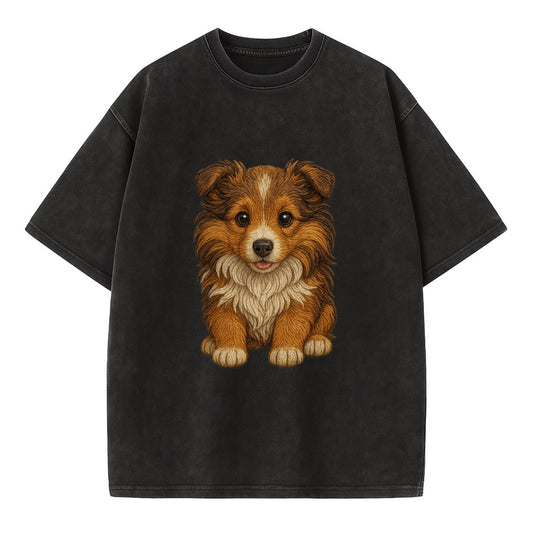 Baby Shetland Sheepdog Puppy - mini collie look, flowing mane, intelligent eyes, - Vintage T-shirt - Black