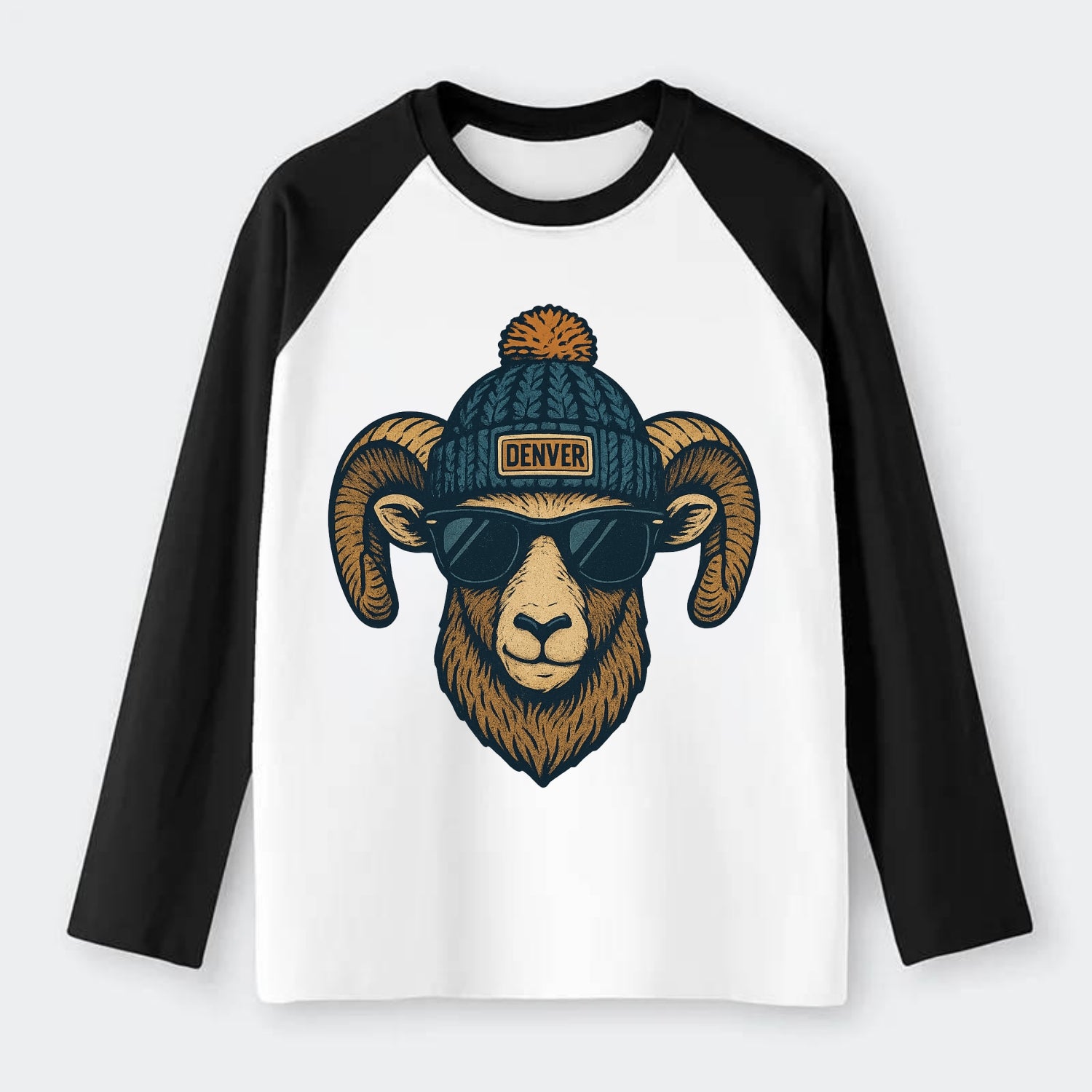 Colorado Rocky Mountain Bighorn Sheep wearing Denver beanie with pom - Raglan Long Sleeve T-Shirt - Black