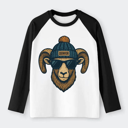 Colorado Rocky Mountain Bighorn Sheep wearing Denver beanie with pom - Raglan Long Sleeve T-Shirt - Black