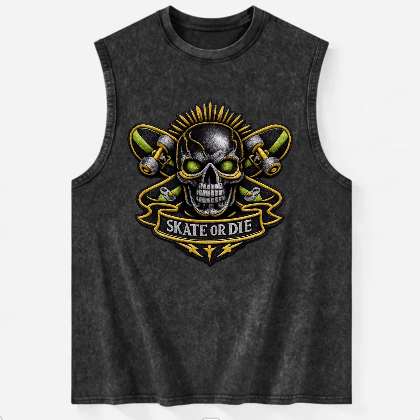 SKATEBOARD SKULL - skull with skateboard in black and neon green , extreme - Vintage Washed Tank - Black