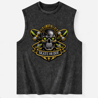 SKATEBOARD SKULL - skull with skateboard in black and neon green , extreme - Vintage Washed Tank - Black