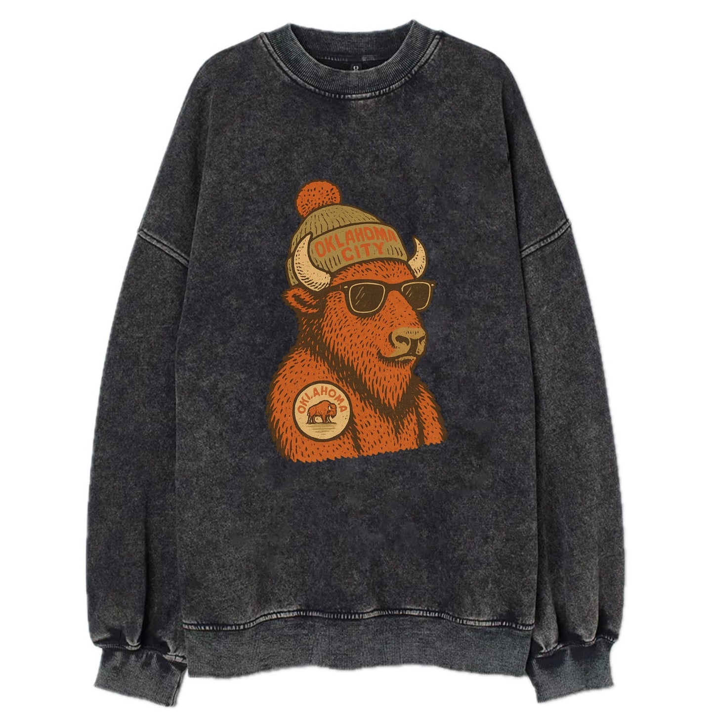 Oklahoma Buffalo wearing Oklahoma City beanie with pom pom and wayfarer - Vintage Sweatshirt - Black