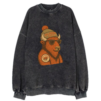 Oklahoma Buffalo wearing Oklahoma City beanie with pom pom and wayfarer - Vintage Sweatshirt - Black