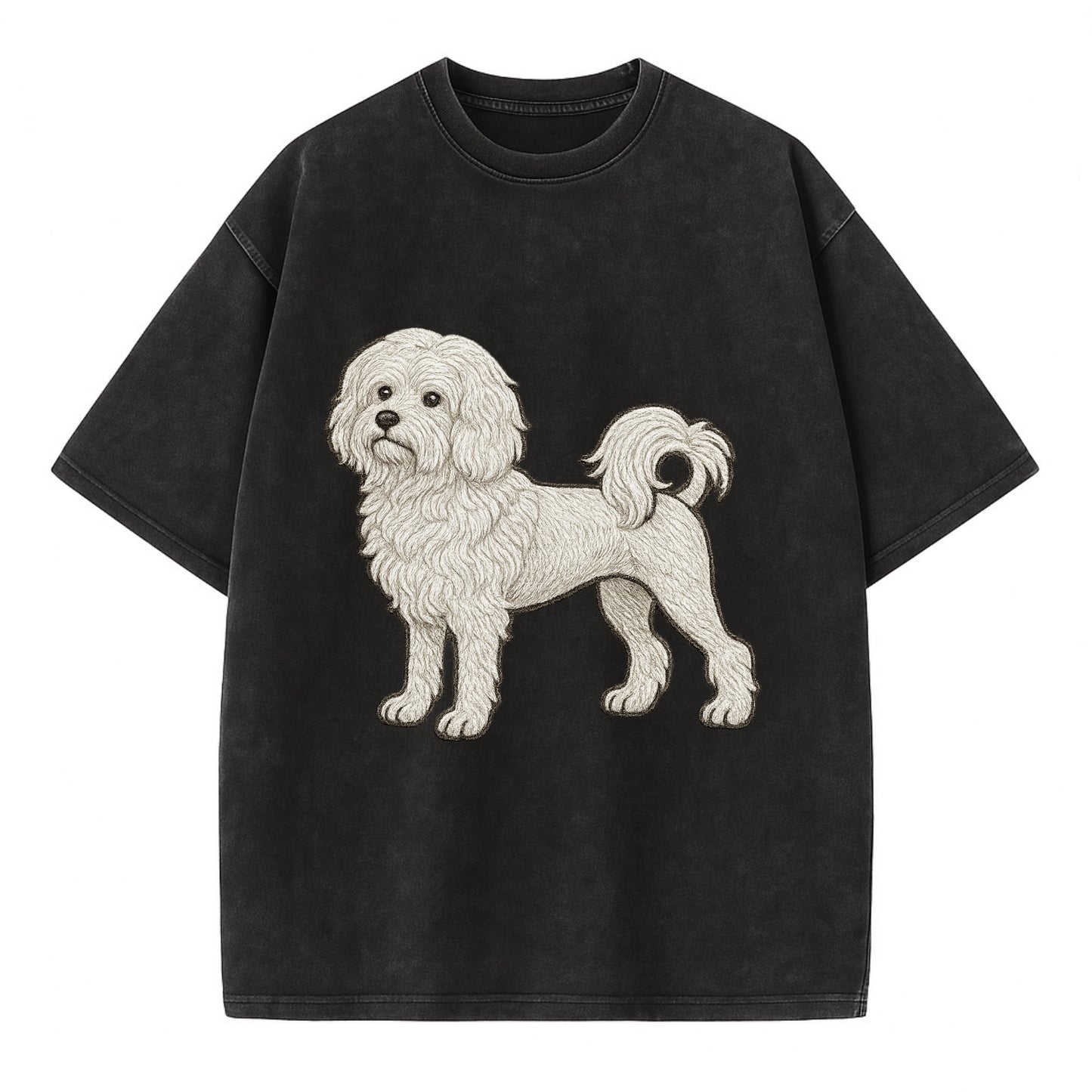 Löwchen - Little Lion Dog white embroidered pose - Vintage T-shirt - Black
