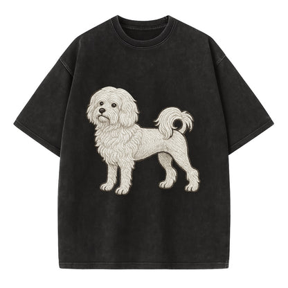 Löwchen - Little Lion Dog white embroidered pose - Vintage T-shirt - Black