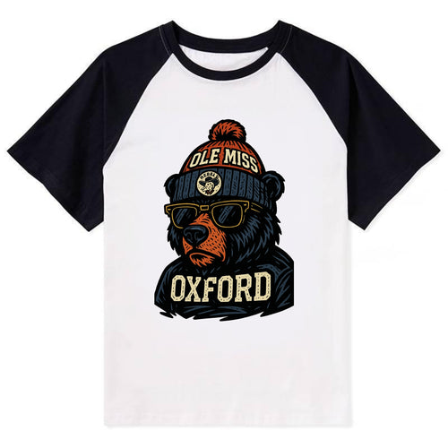 Oxford Black Bear wearing Ole Miss beanie with rebel patch - Contrast Raglan T-shirt