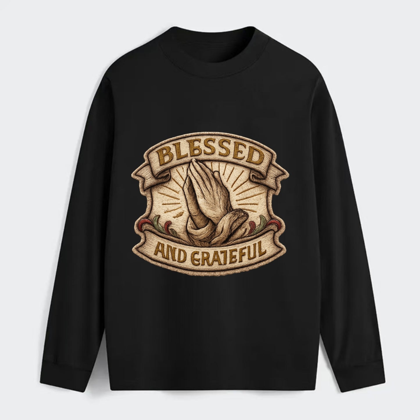BLESSED AND GRATEFUL - praying hands with text in gold , thankful - Classic Long Sleeve Shirt - Black