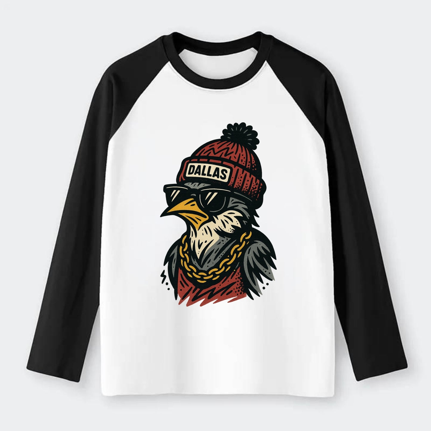 Dallas Mockingbird wearing Dallas beanie with pom pom and wayfarer - Raglan Long Sleeve T-Shirt - Black