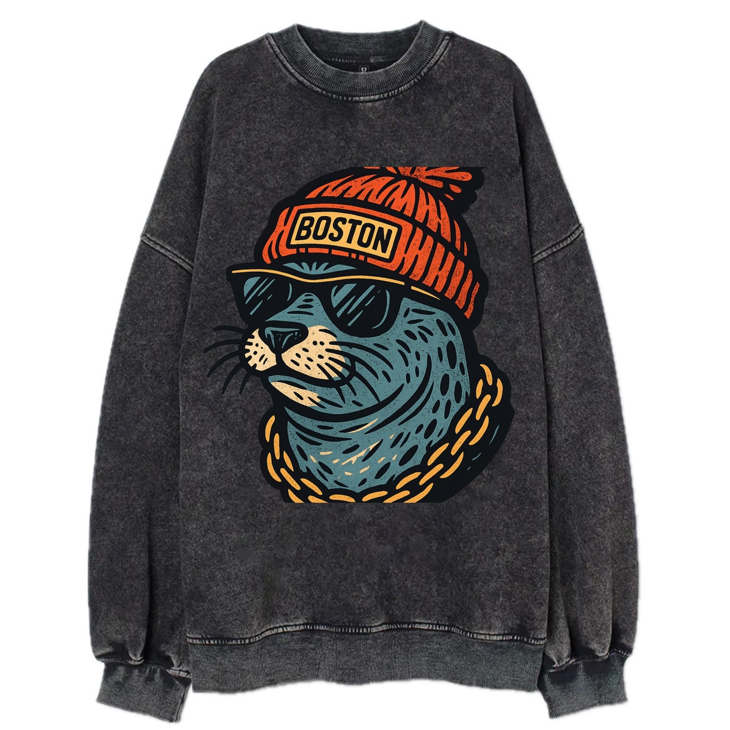Boston Harbor Seal wearing Boston beanie with pom pom and wayfarer sunglasses - Vintage Sweatshirt - Black