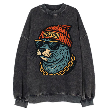 Boston Harbor Seal wearing Boston beanie with pom pom and wayfarer sunglasses - Vintage Sweatshirt - Black