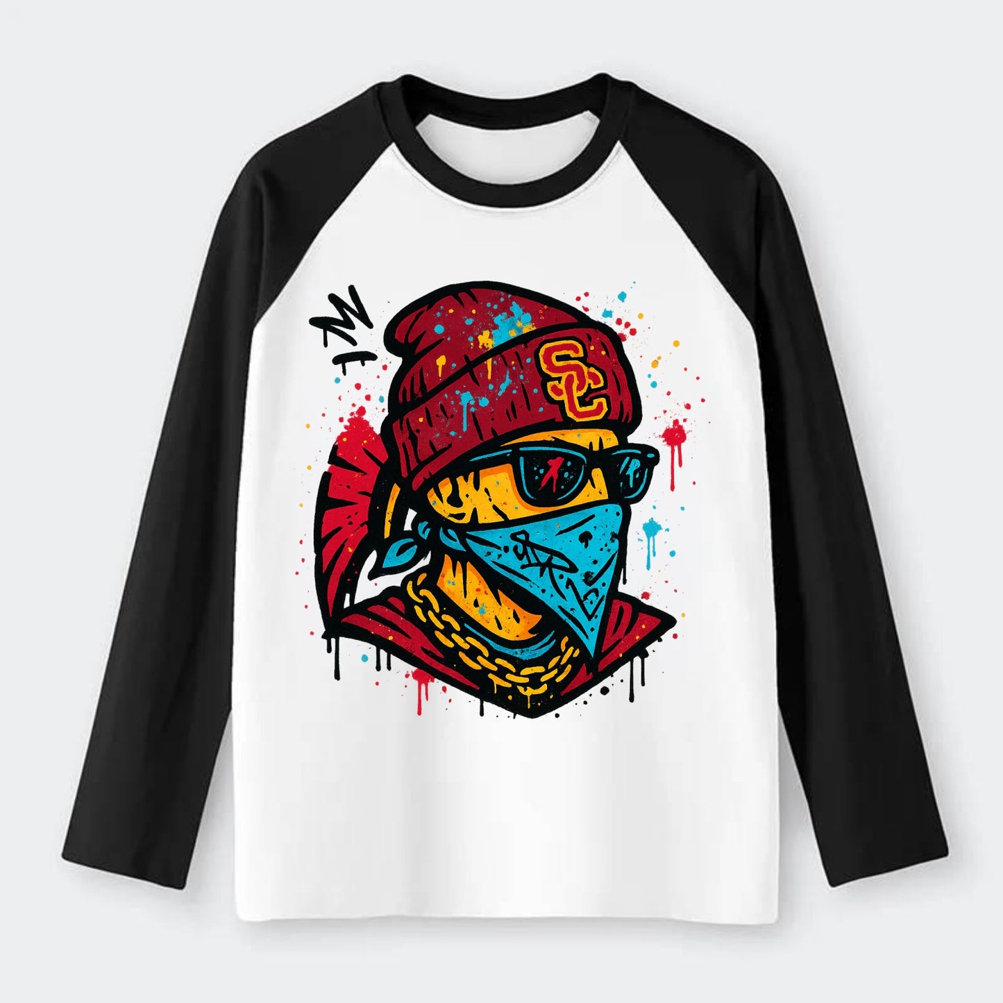 Los Angeles Trojan wearing USC beanie with SC patch - Raglan Long Sleeve T-Shirt - Black