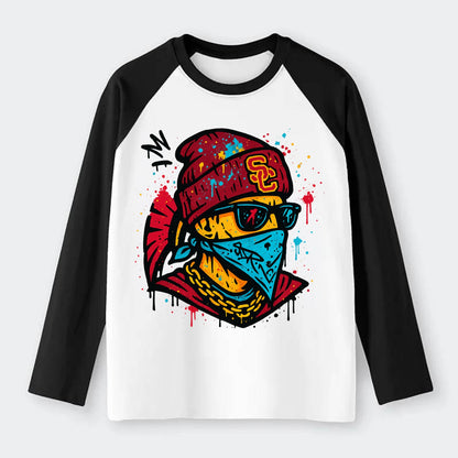 Los Angeles Trojan wearing USC beanie with SC patch - Raglan Long Sleeve T-Shirt - Black