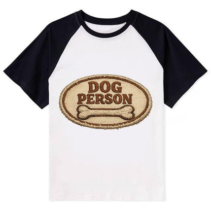 DOG PERSON - simple text with bone in brown , team dog - Contrast Raglan T-shirt - Black