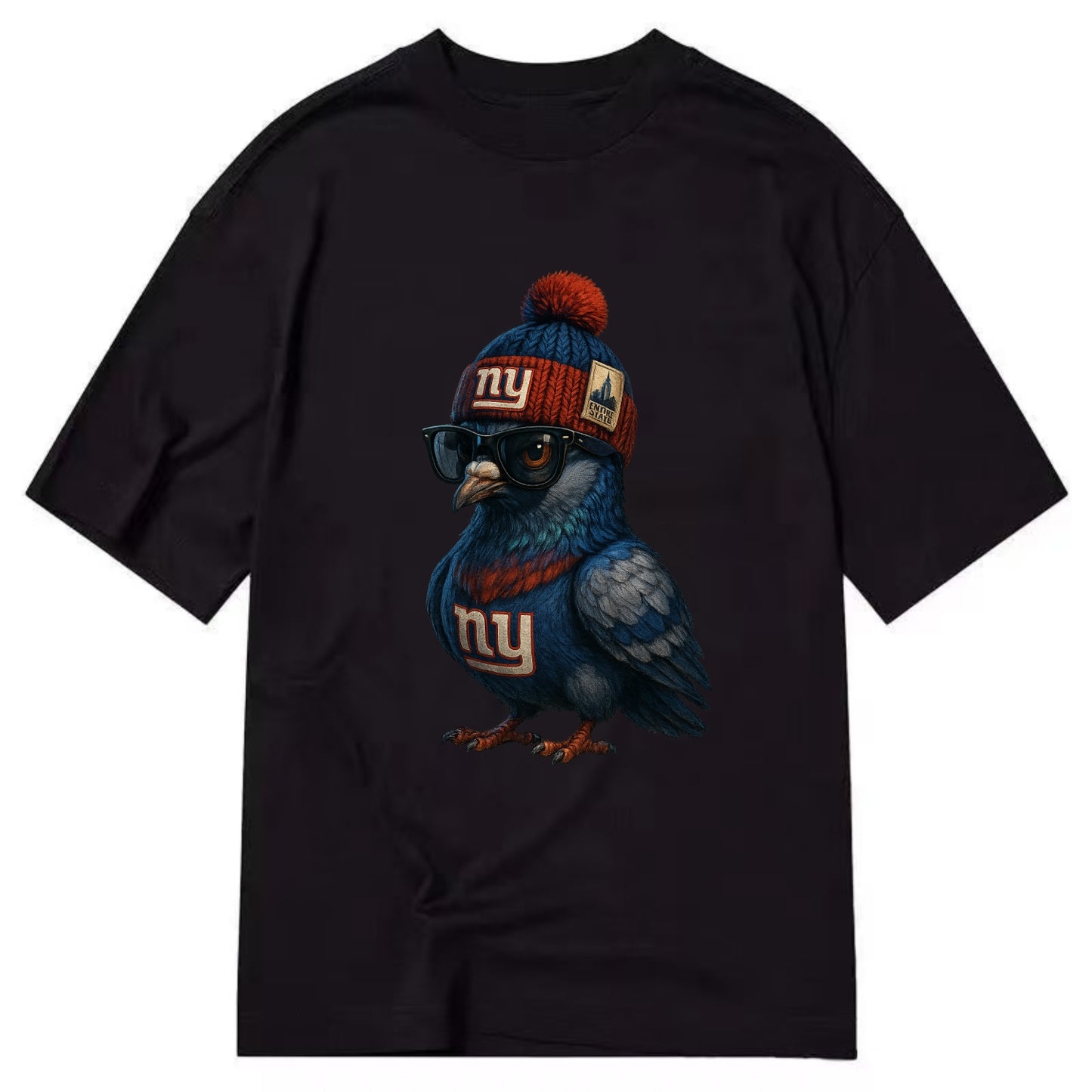 Manhattan Pigeon wearing Giants beanie with Empire State patch and wayfarer - Classic T-shirt - Black