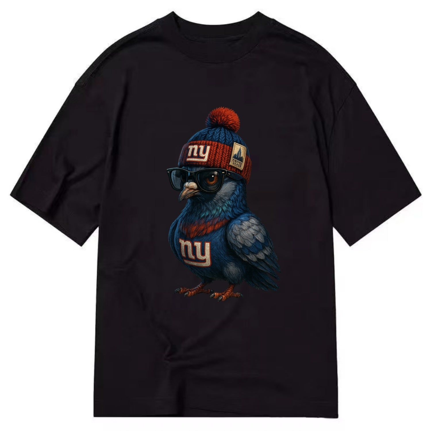 Manhattan Pigeon wearing Giants beanie with Empire State patch and wayfarer - Classic T-shirt - Black