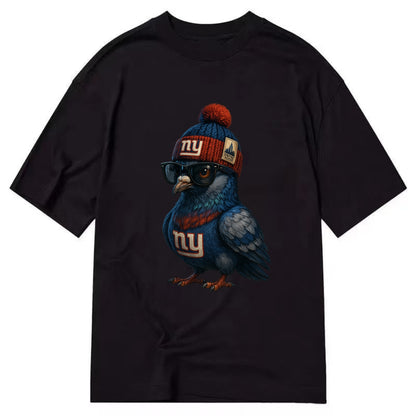 Manhattan Pigeon wearing Giants beanie with Empire State patch and wayfarer - Classic T-shirt - Black