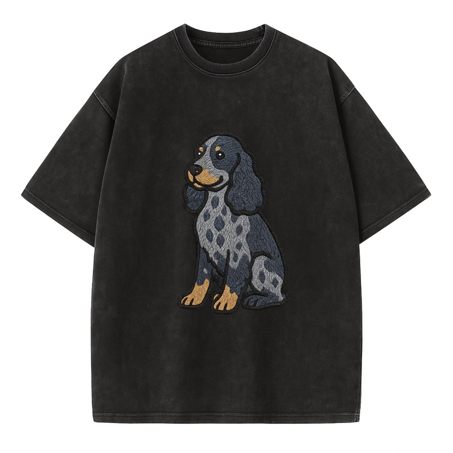 English Cocker Spaniel - Blue roan embroidered sitting pose - Vintage T-shirt - Black