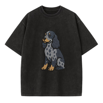 English Cocker Spaniel - Blue roan embroidered sitting pose - Vintage T-shirt - Black