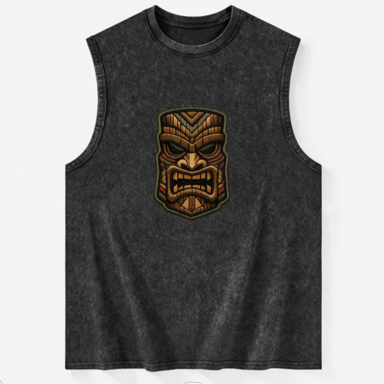 TIKI MASK - carved totem in brown and red , Polynesian - Vintage Washed Tank - Black
