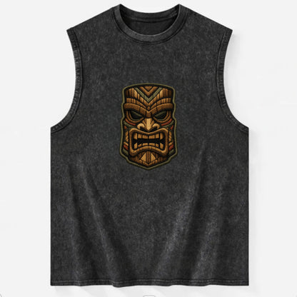 TIKI MASK - carved totem in brown and red , Polynesian - Vintage Washed Tank - Black