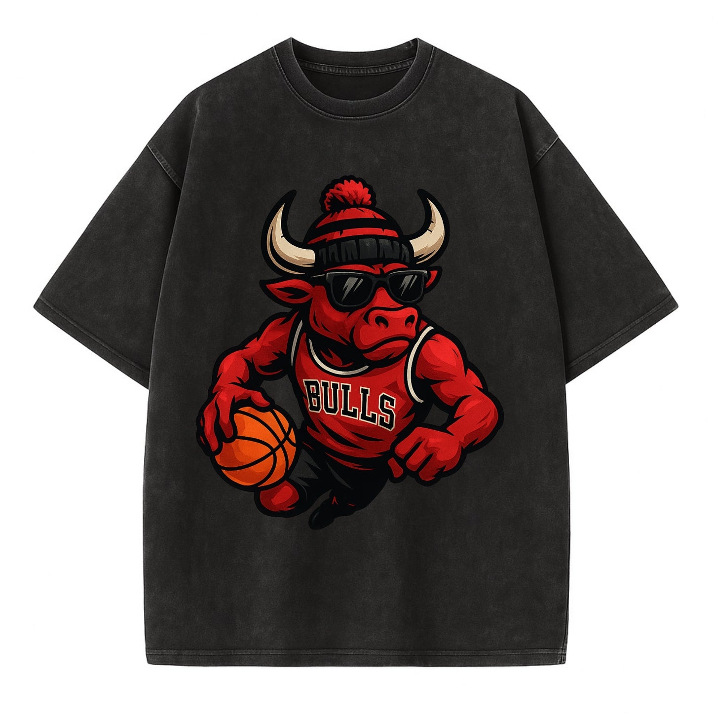 Chicago Bull wearing Bulls red and black beanie with horns design and wayfarer - Vintage T-shirt - Black