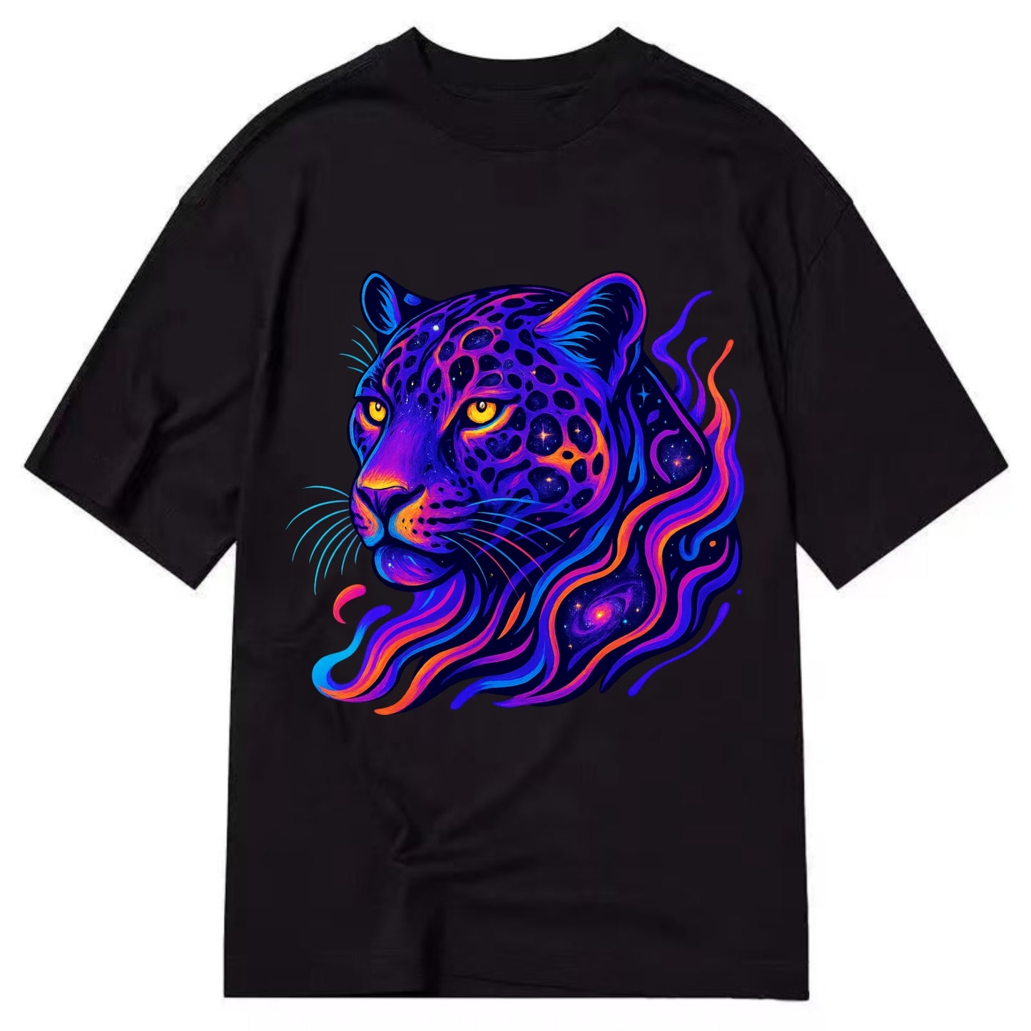 Powerful jaguar with rosettes containing miniature galaxies, cosmic purple and - Classic T-shirt - Black