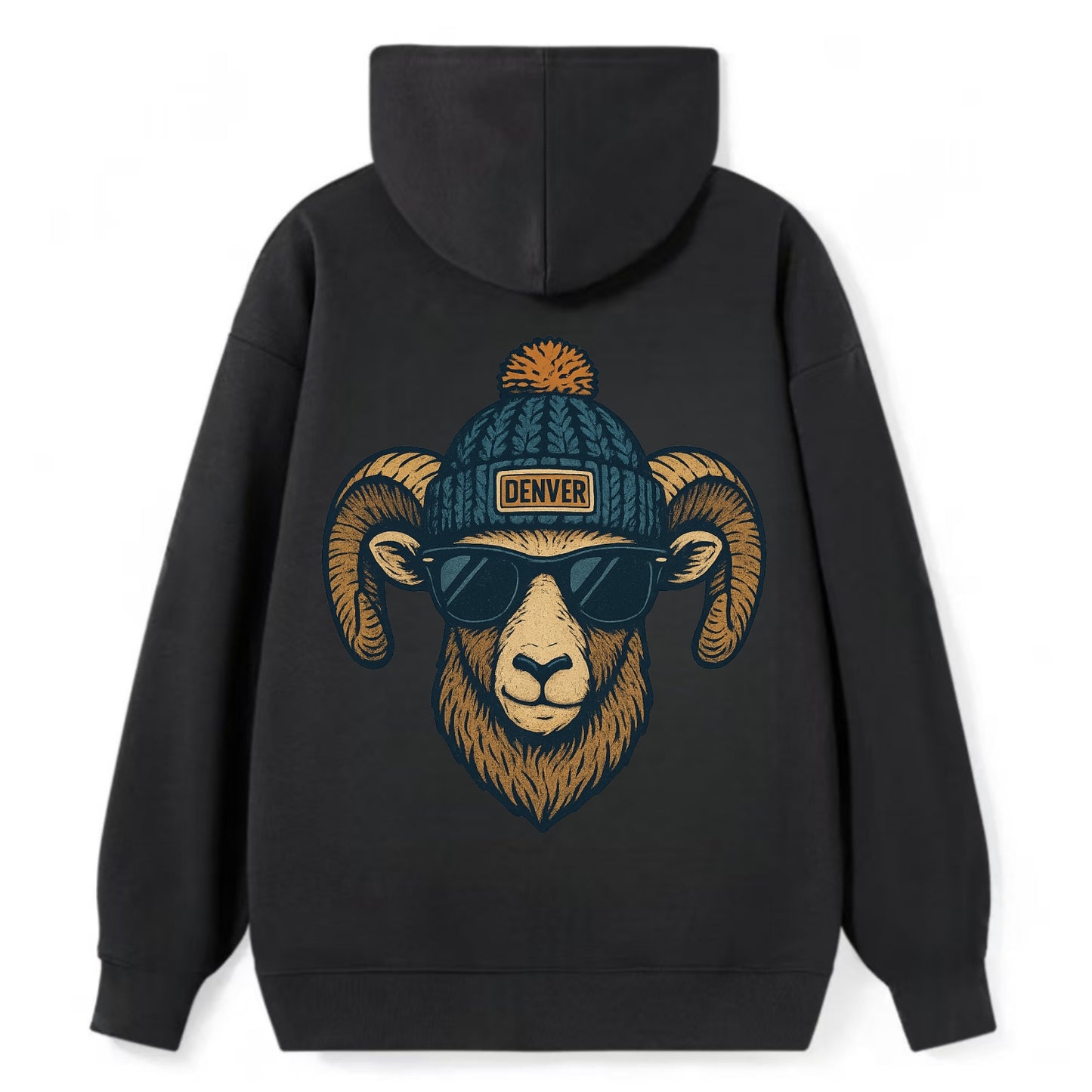 Colorado Rocky Mountain Bighorn Sheep wearing Denver beanie with pom pom - Classic Pullover Hoodie - Black