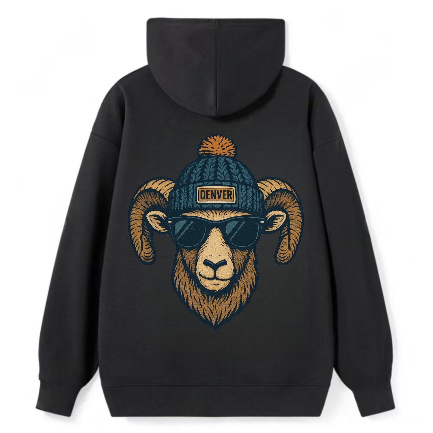 Colorado Rocky Mountain Bighorn Sheep wearing Denver beanie with pom pom - Classic Pullover Hoodie - Black