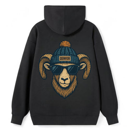 Colorado Rocky Mountain Bighorn Sheep wearing Denver beanie with pom pom - Classic Pullover Hoodie - Black