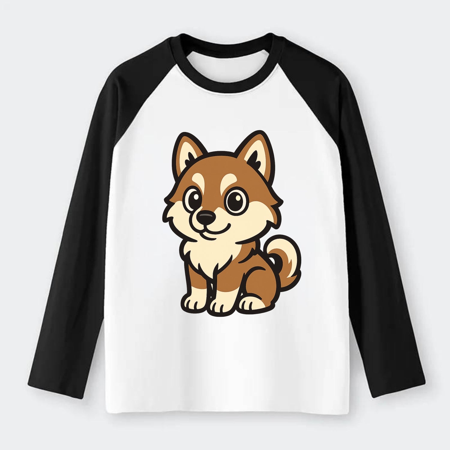 Pomsky - Pomeranian-Husky mix sitting pose - Raglan Long Sleeve T-Shirt - Black