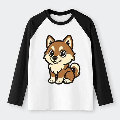 Pomsky - Pomeranian-Husky mix sitting pose - Raglan Long Sleeve T-Shirt - Black