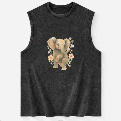 baby elephant with trunk up, one foot raised with middle toe extended - Vintage Washed Tank - Black