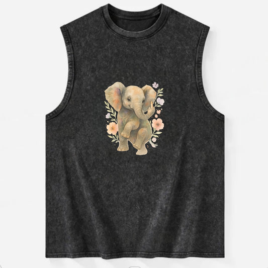 baby elephant with trunk up, one foot raised with middle toe extended - Vintage Washed Tank - Black