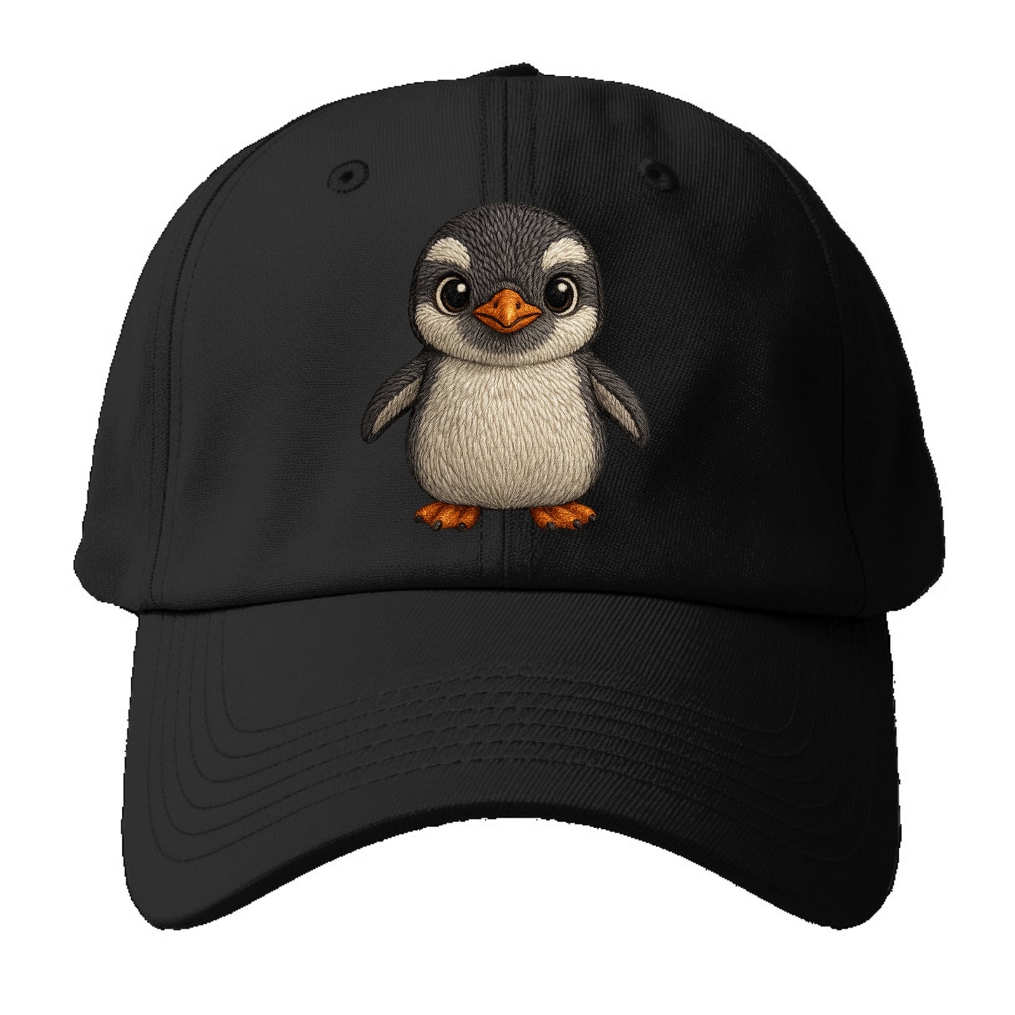 Baby Gentoo Penguin - orange beak, white cap, bright eyes, front-facing, energetic - Baseball Cap - Black
