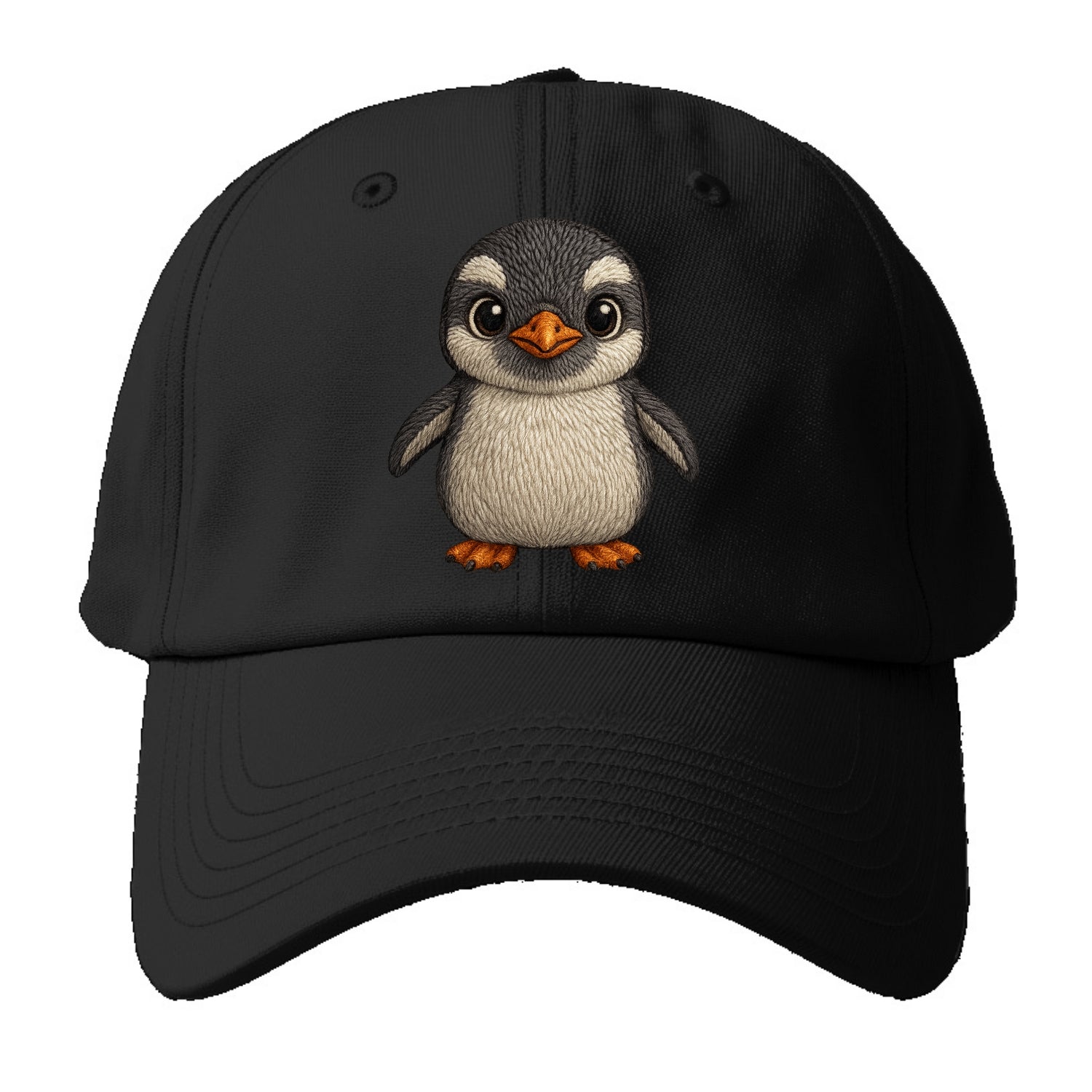 Baby Gentoo Penguin - orange beak, white cap, bright eyes, front-facing, energetic - Baseball Cap - Black