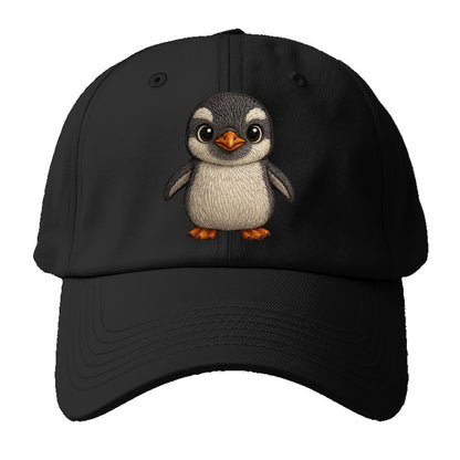 Baby Gentoo Penguin - orange beak, white cap, bright eyes, front-facing, energetic - Baseball Cap - Black
