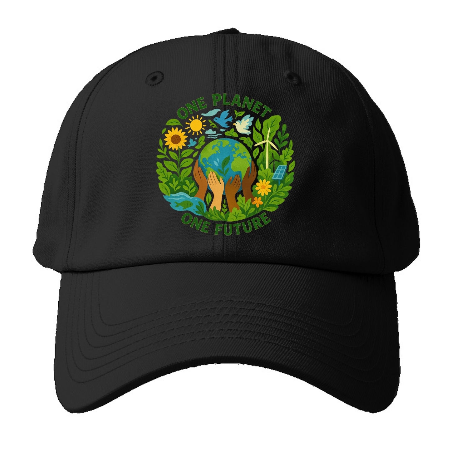 Globe surrounded by hands of all colors working together - "One Planet, One Future" - Baseball Cap - Black