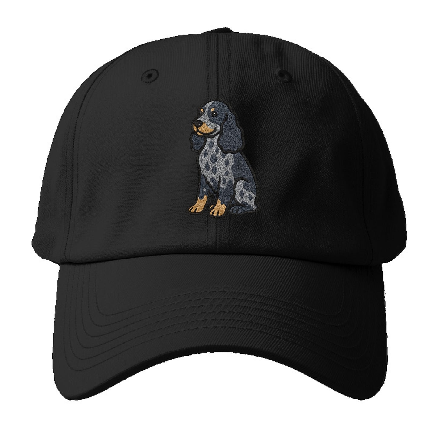 English Cocker Spaniel - Blue roan embroidered sitting pose - Baseball Cap - Black