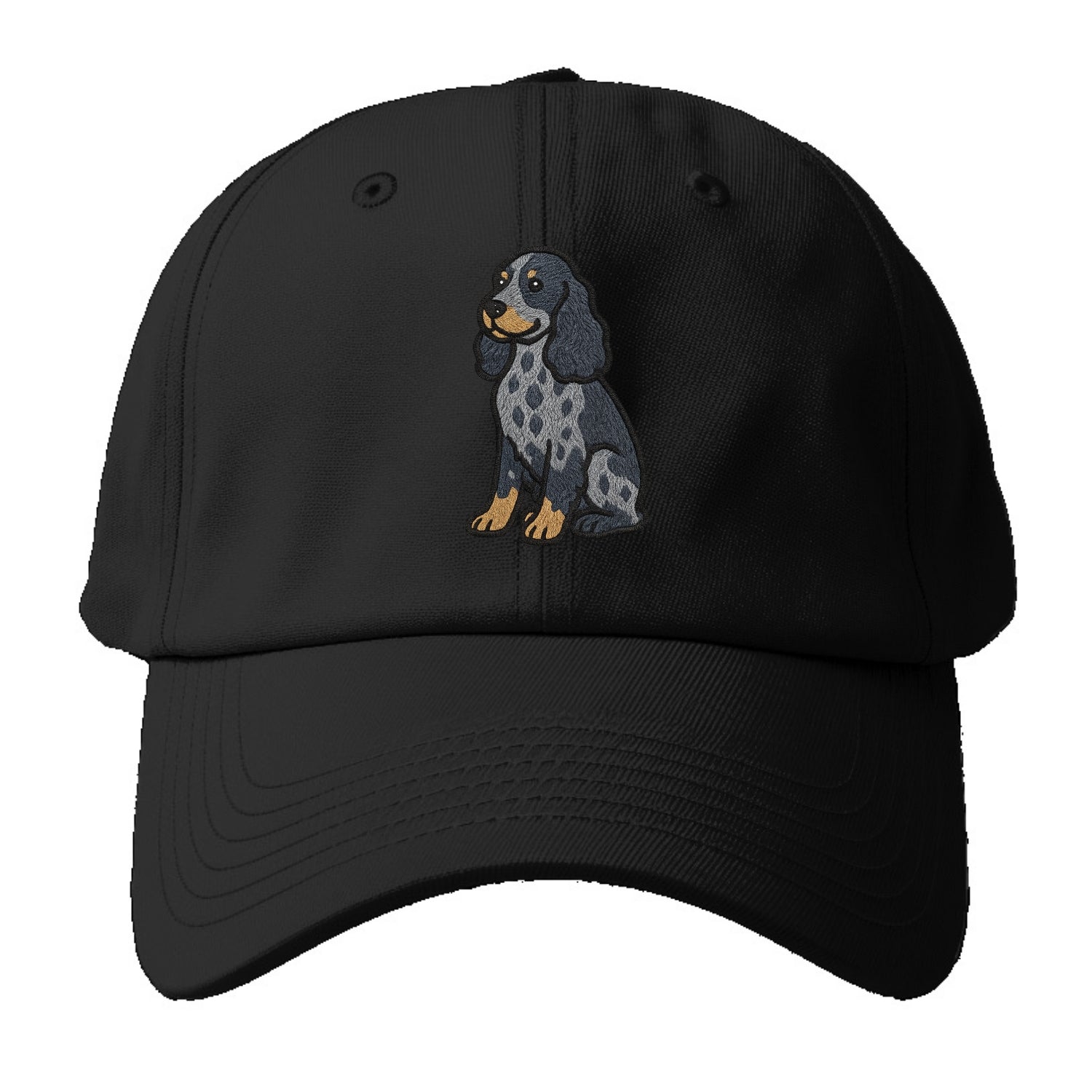 English Cocker Spaniel - Blue roan embroidered sitting pose - Baseball Cap - Black