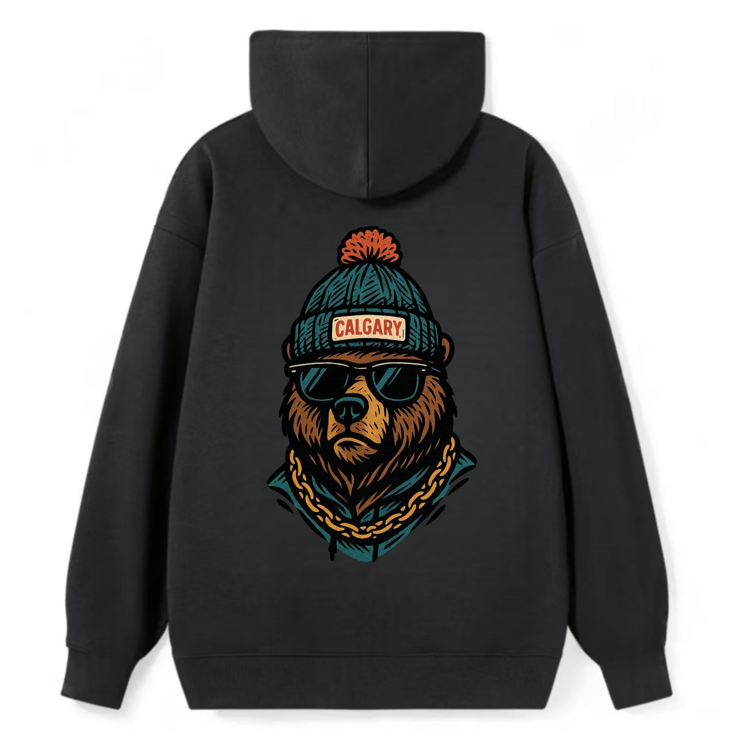Calgary Grizzly Bear wearing Calgary beanie with pom pom and wayfarer - Classic Pullover Hoodie - Black