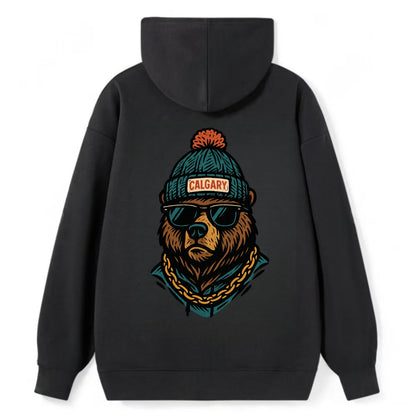Calgary Grizzly Bear wearing Calgary beanie with pom pom and wayfarer - Classic Pullover Hoodie - Black