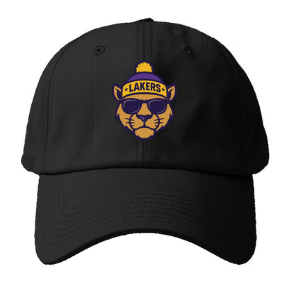 LA Mountain Lion wearing Lakers purple and gold beanie with championship stars and - Baseball Cap - Black