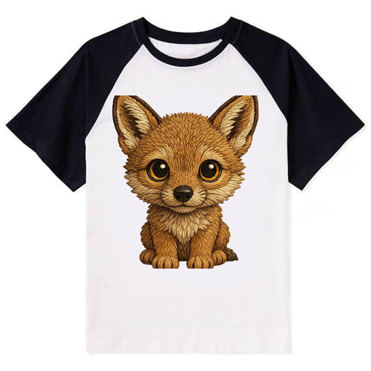 Baby Coyote Pup - tan fur, large ears, golden eyes, front-facing, clever - Contrast Raglan T-shirt - Black