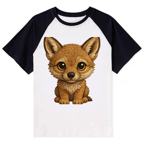 Baby Coyote Pup - tan fur, large ears, golden eyes, front-facing, clever - Contrast Raglan T-shirt