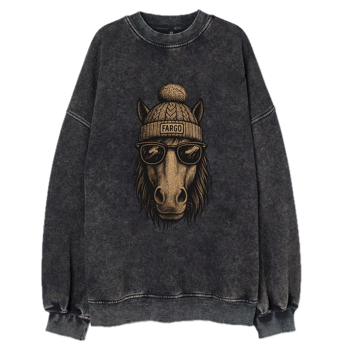 North Dakota Nokota Horse wearing Fargo beanie with pom pom and wayfarer - Vintage Sweatshirt - Black