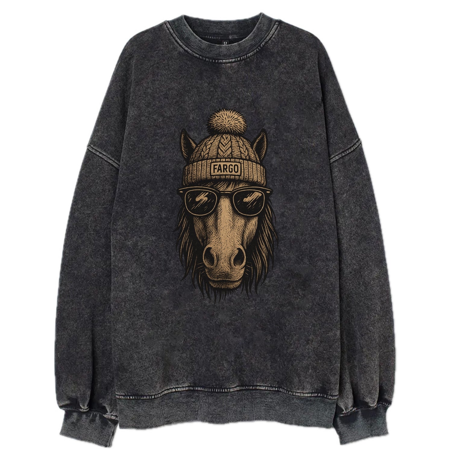 North Dakota Nokota Horse wearing Fargo beanie with pom pom and wayfarer - Vintage Sweatshirt - Black