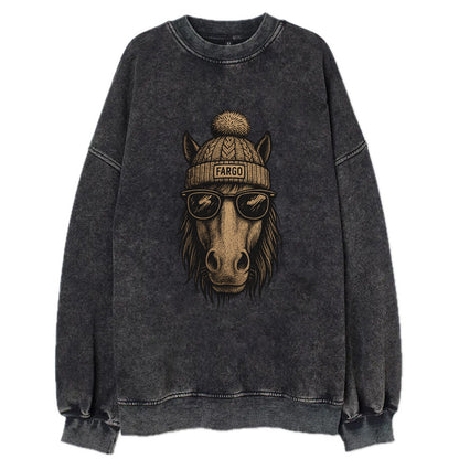 North Dakota Nokota Horse wearing Fargo beanie with pom pom and wayfarer - Vintage Sweatshirt - Black